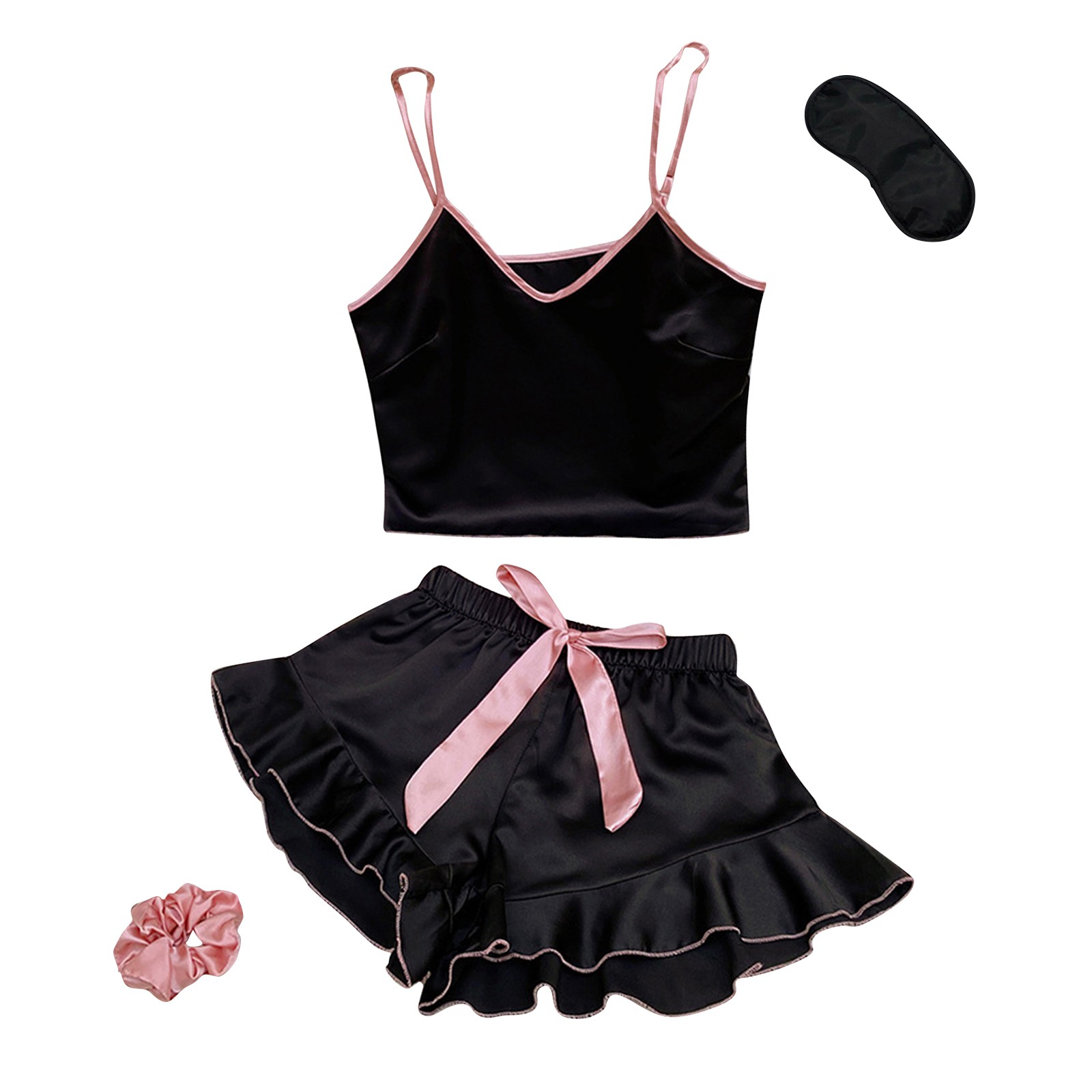 Conjunto de pijama de seda helada para mujer: pantalones cortos con tirantes y lazo liso, ropa fina para estar por casa, tallas S-XL